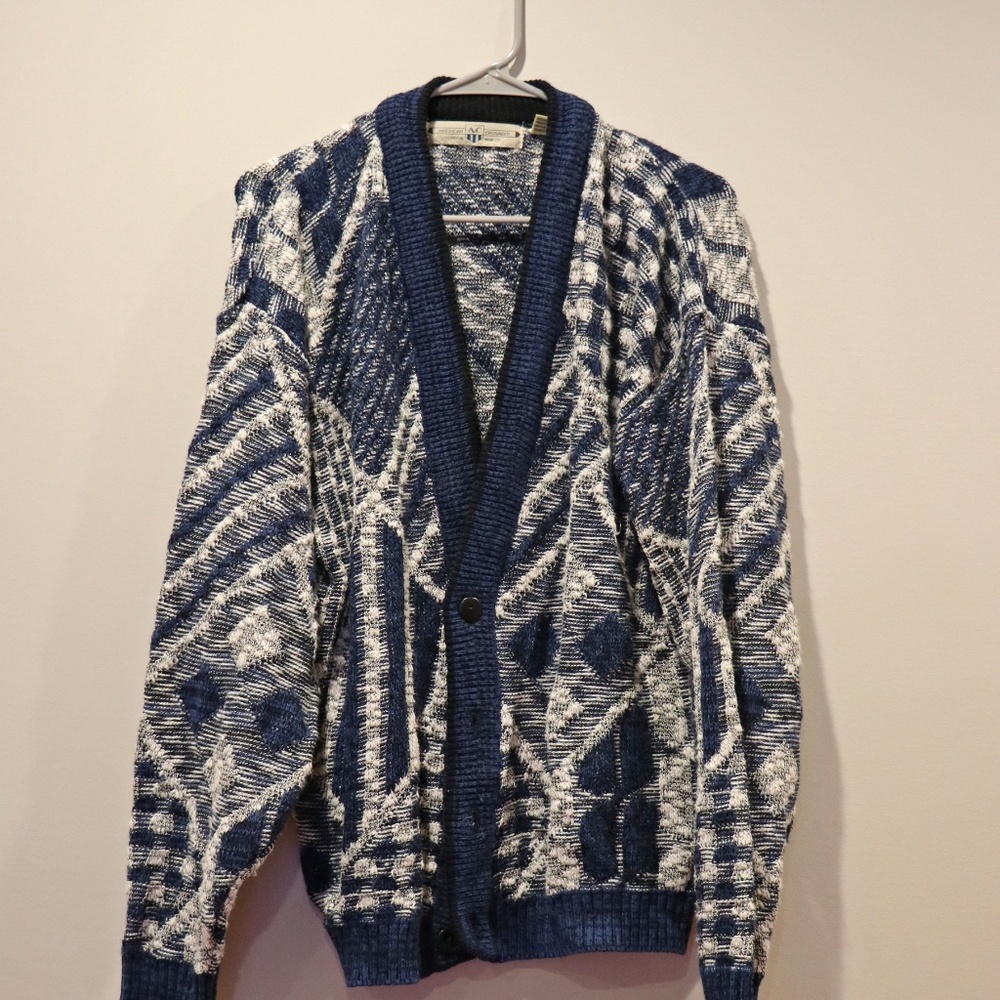 Vintage Blue, White and Black Oversized Cardigan